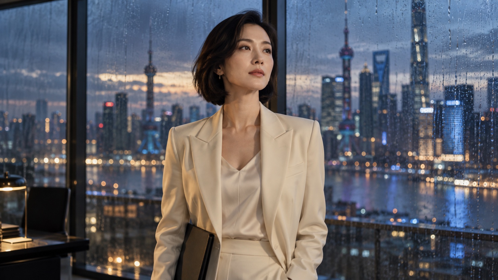 成长故事示意:白色西装的女主角独自站在城市落地窗前