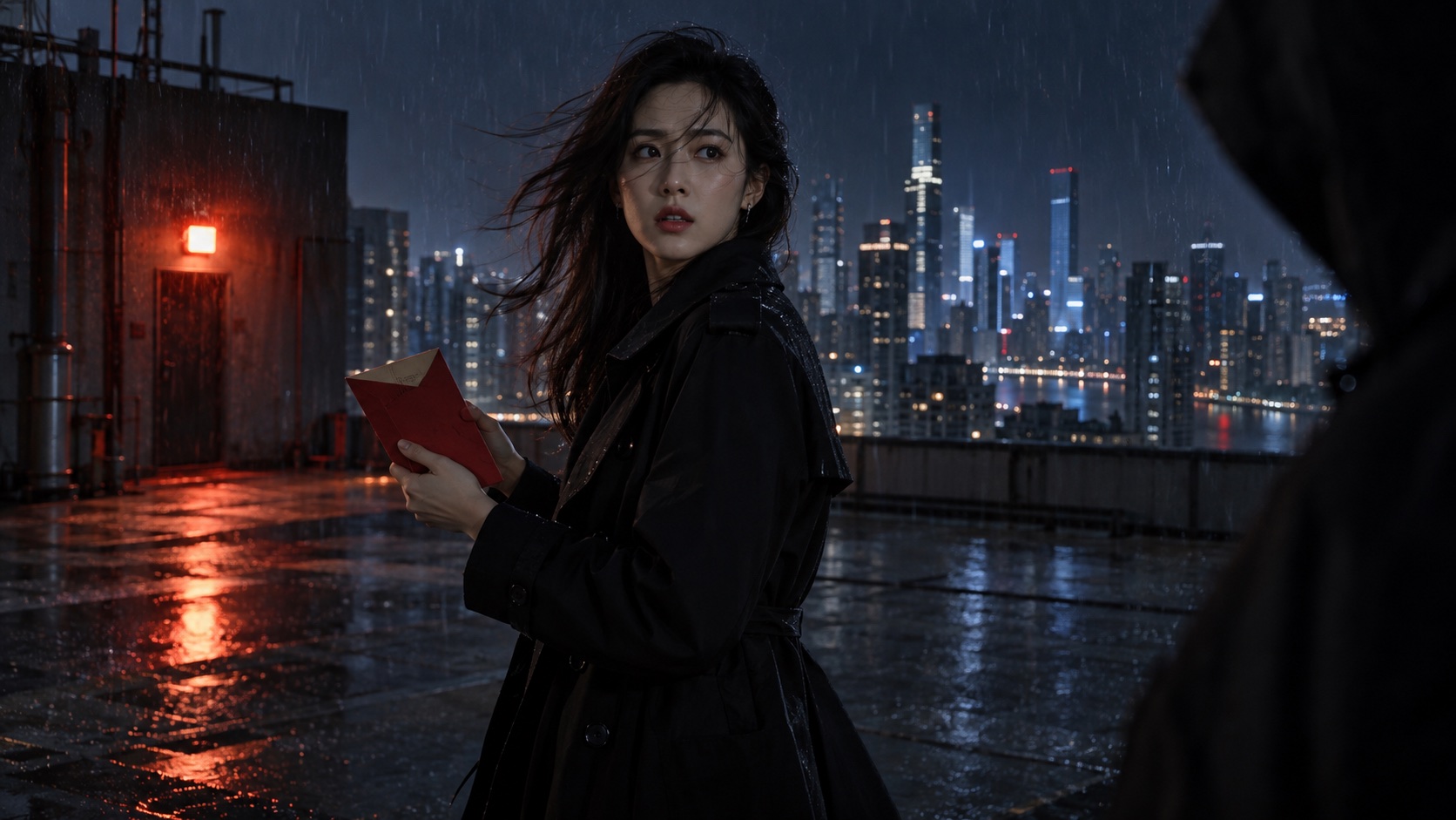 悬念预告示意：雨夜天台上，一位女子拿着红色信封回头